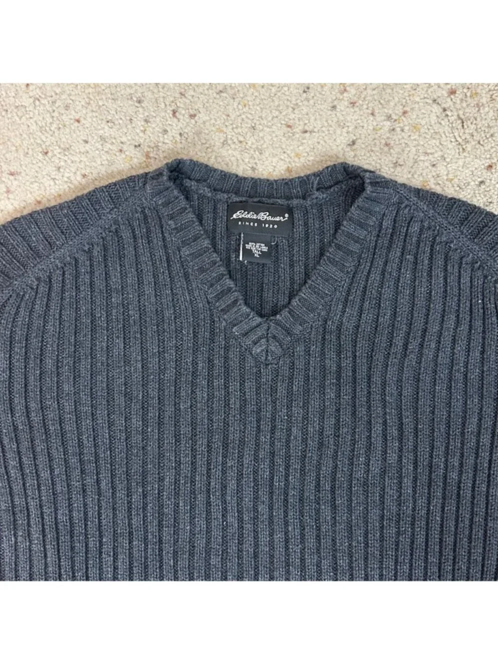 Y2K Eddie Bauer Men's Chunky Knit Ribbed Sweater V-neck Gray Size XL Tall